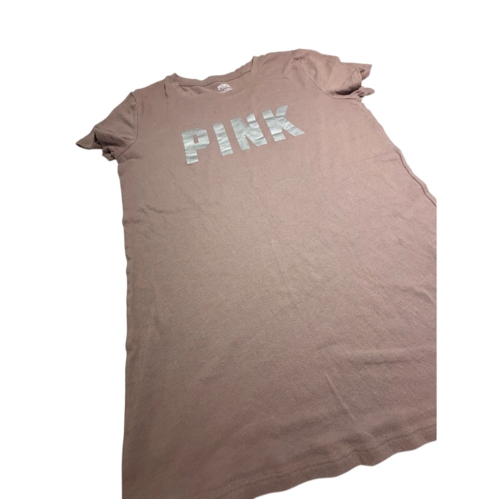 Victoria's Secret PINK T-Shirt Mauve Silver Metallic Logo Short Sleeve Small